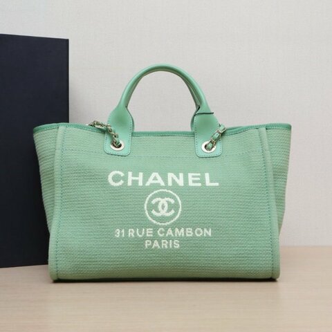 CHANEL 沙灘包帶手柄帆布版中號綠色帆布晶片淺金扣肩背包
