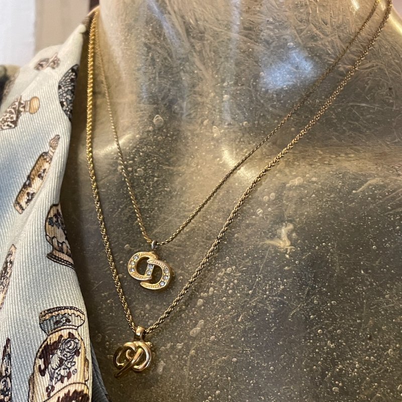 VINTAGE DIOR金色水鑽品牌logo古董項鍊-1