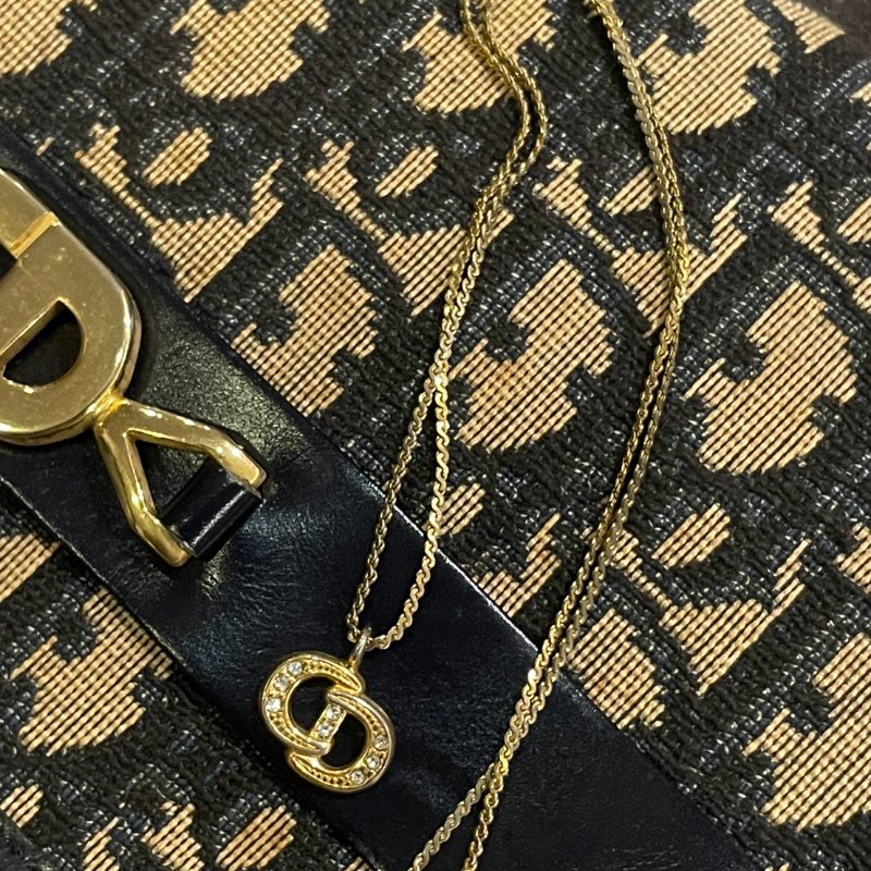 VINTAGE DIOR金色水鑽品牌logo古董項鍊-5