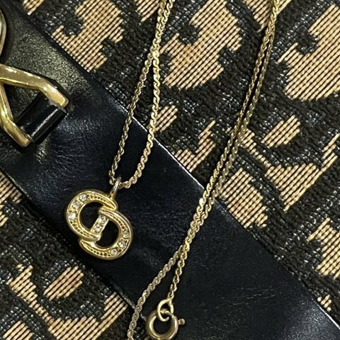 VINTAGE DIOR金色水鑽品牌logo古董項鍊