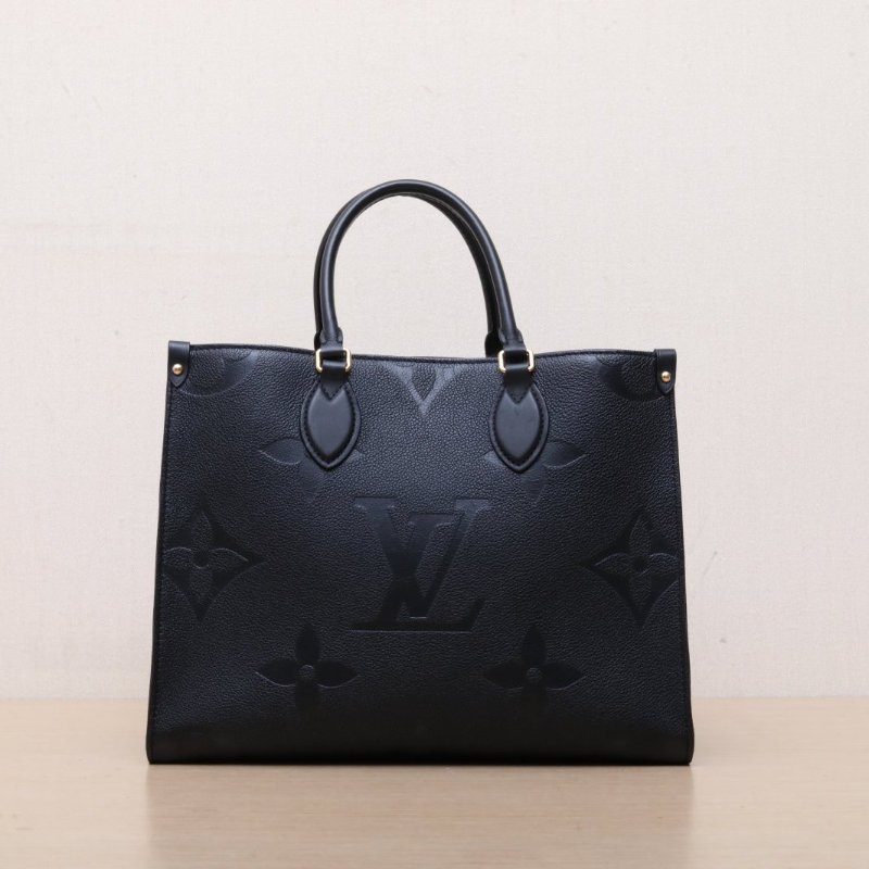 LOUIS VUITTON Onthego中號35黑色牛皮晶片老花壓紋肩背包-1