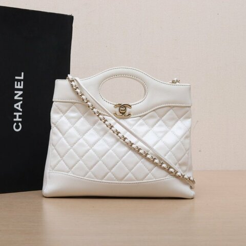 CHANEL 31Bag24B白色羊皮晶片開淺金扣肩背包