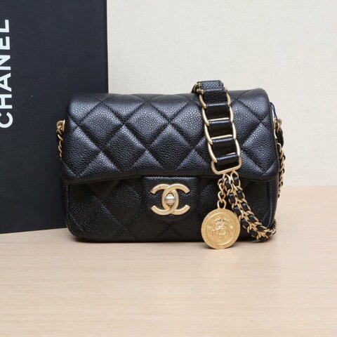 CHANEL 21ACF口蓋包19黑色金幣雙皮穿鏈肩背包