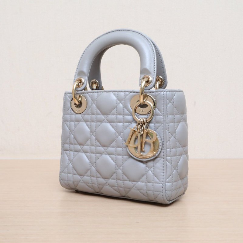 DIOR Lady戴妃包三格灰色羊皮淺金扣2020肩背包-4