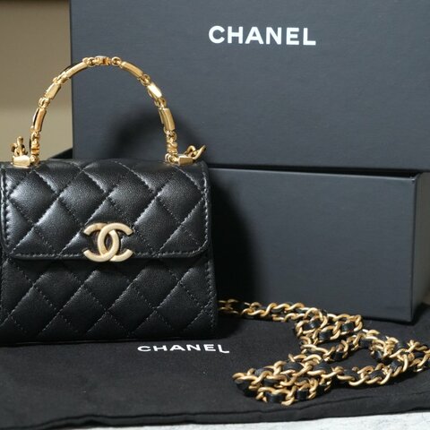 【美收精品】CHANEL 黑色菱格金釦手提鏈帶迷你肩背包 5-363