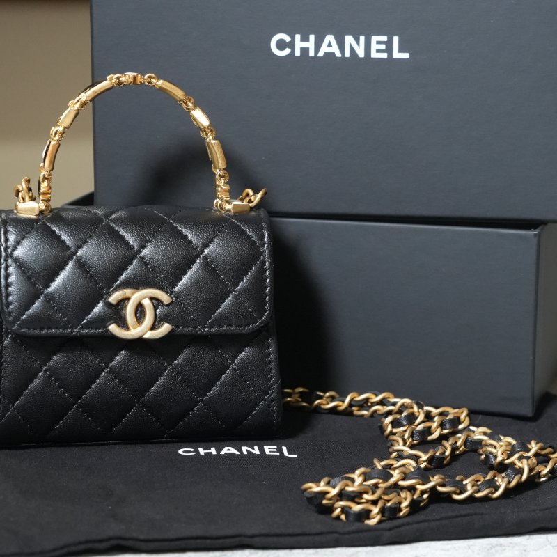 【美收精品】CHANEL 黑色菱格金釦手提鏈帶迷你肩背包 5-363-0