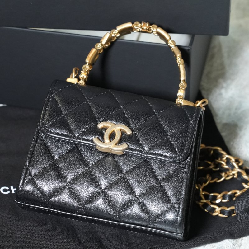 【美收精品】CHANEL 黑色菱格金釦手提鏈帶迷你肩背包 5-363-1