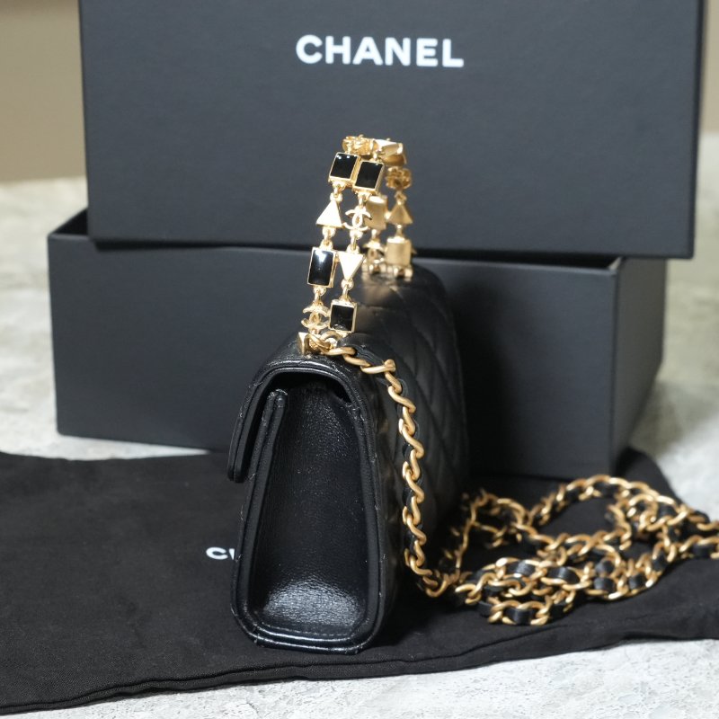 【美收精品】CHANEL 黑色菱格金釦手提鏈帶迷你肩背包 5-363-2