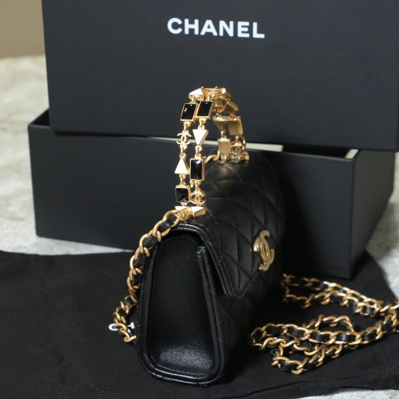 【美收精品】CHANEL 黑色菱格金釦手提鏈帶迷你肩背包 5-363-3