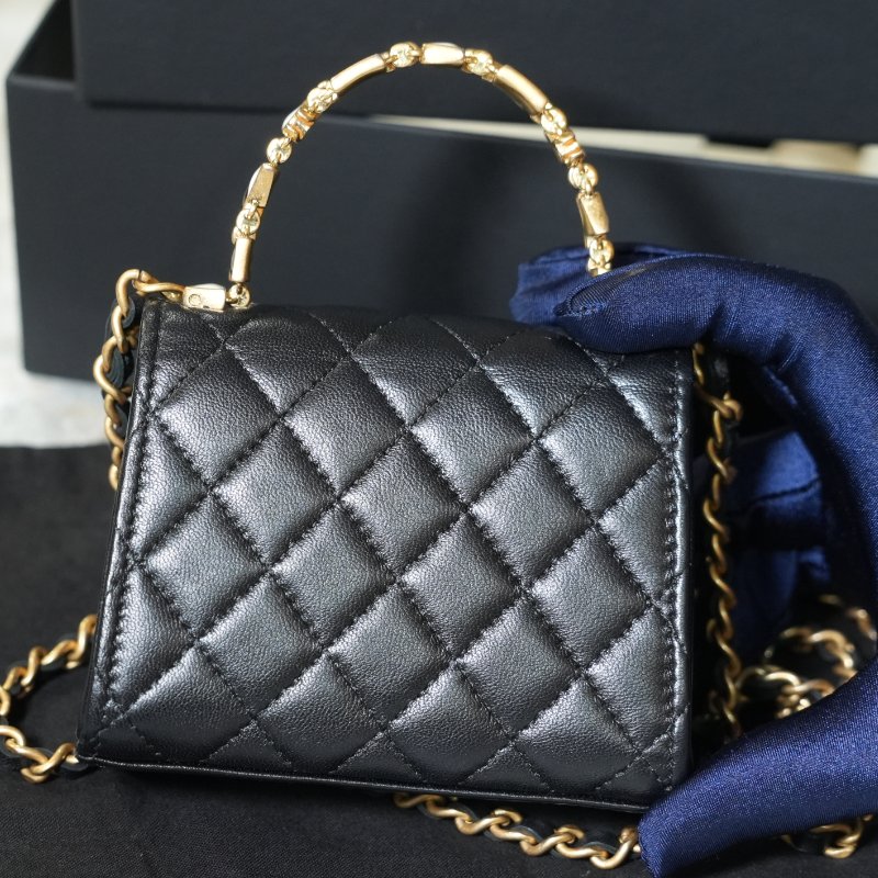 【美收精品】CHANEL 黑色菱格金釦手提鏈帶迷你肩背包 5-363-4