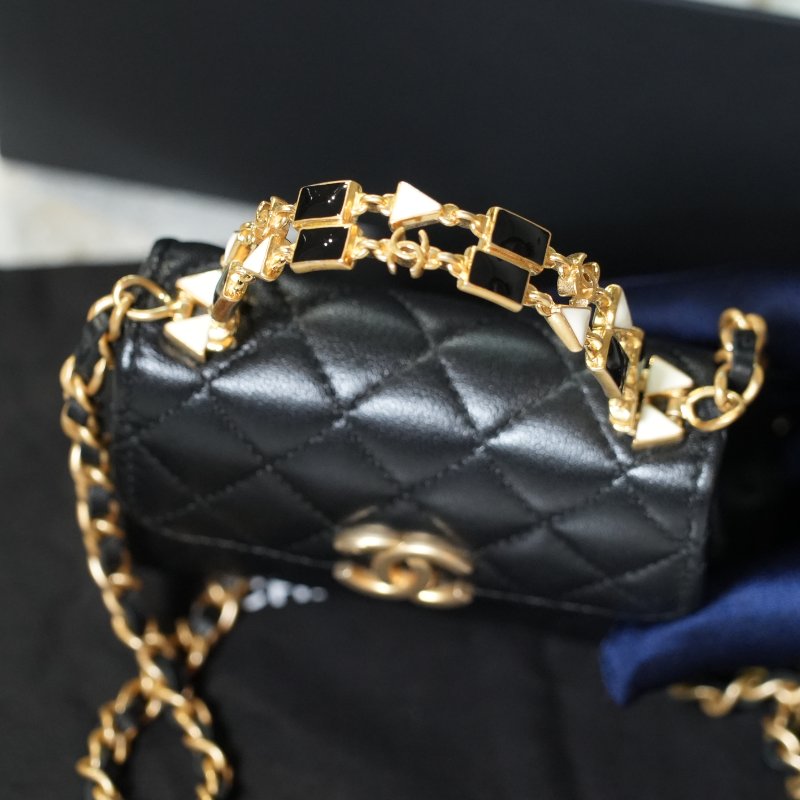 【美收精品】CHANEL 黑色菱格金釦手提鏈帶迷你肩背包 5-363-6