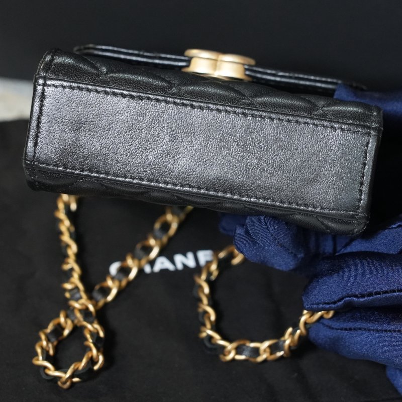 【美收精品】CHANEL 黑色菱格金釦手提鏈帶迷你肩背包 5-363-7