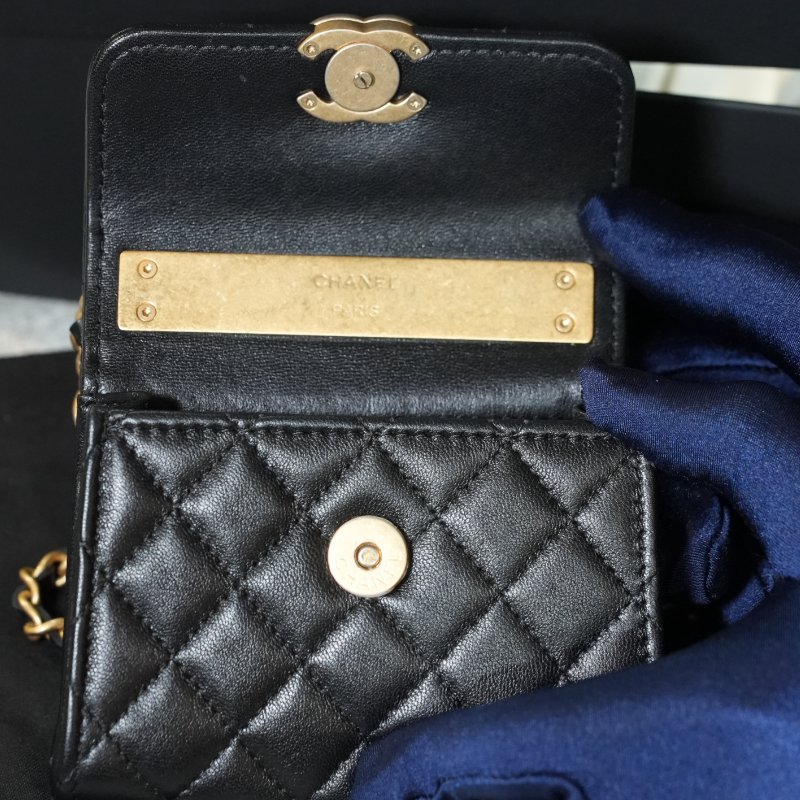 【美收精品】CHANEL 黑色菱格金釦手提鏈帶迷你肩背包 5-363-8