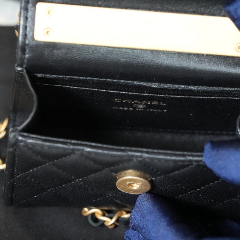 【美收精品】CHANEL 黑色菱格金釦手提鏈帶迷你肩背包 5-363-10