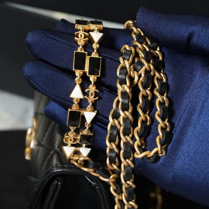 【美收精品】CHANEL 黑色菱格金釦手提鏈帶迷你肩背包 5-363-11