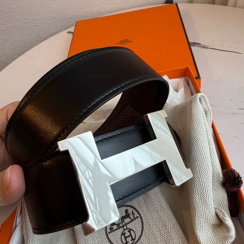 Hermes 黑銀H 90cm皮帶-1