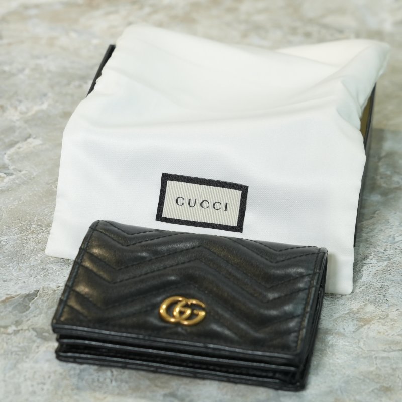 【美收精品】GUCCI 黑色 GG Marmont Chevron 皮革短夾卡片夾 5-380-0