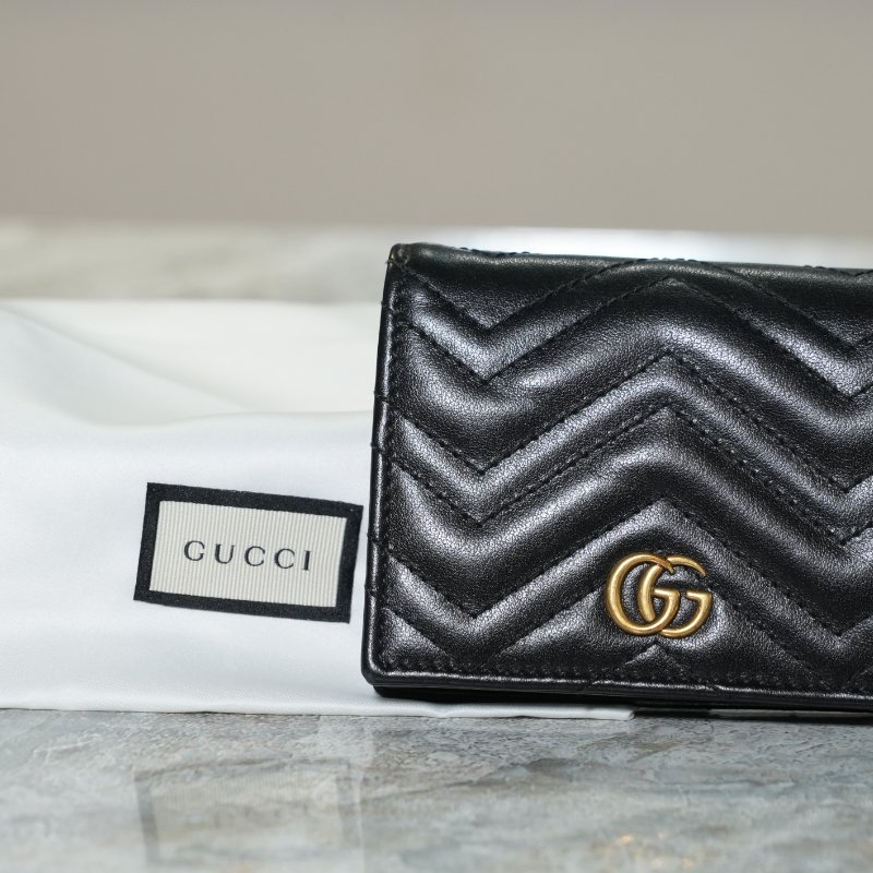 【美收精品】GUCCI 黑色 GG Marmont Chevron 皮革短夾卡片夾 5-380-1