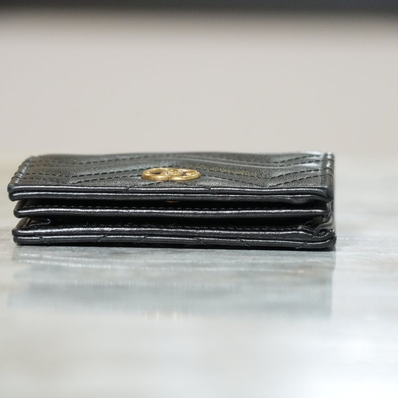 【美收精品】GUCCI 黑色 GG Marmont Chevron 皮革短夾卡片夾 5-380-5