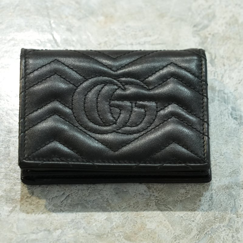 【美收精品】GUCCI 黑色 GG Marmont Chevron 皮革短夾卡片夾 5-380-7