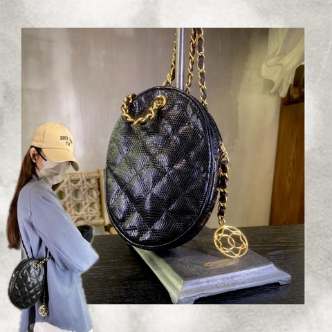 香奈兒極罕中古黑色蜥蜴皮單肩包 Chanel Vintage Lizard Skin Diamond Quilted Shoulder Bag In Black With Charm