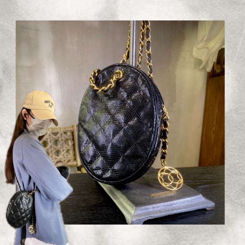 香奈兒極罕中古黑色蜥蜴皮單肩包 Chanel Vintage Lizard Skin Diamond Quilted Shoulder Bag In Black With Charm-0