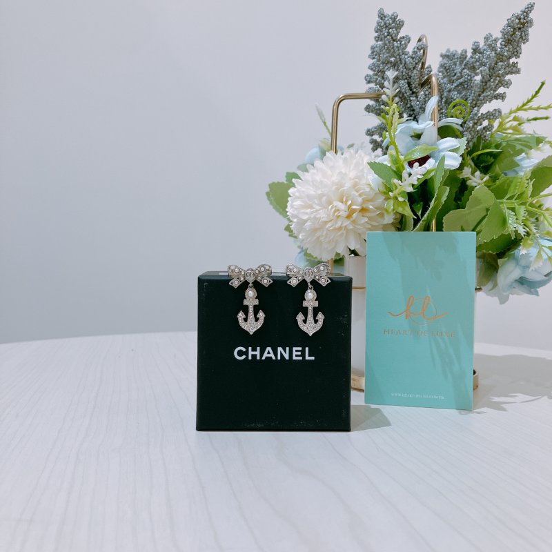 TK2047 Chanel 香奈兒蝴蝶結雙水昌耳環 Silver-Tone Metal Bow Anchor Dangle Earrings-0