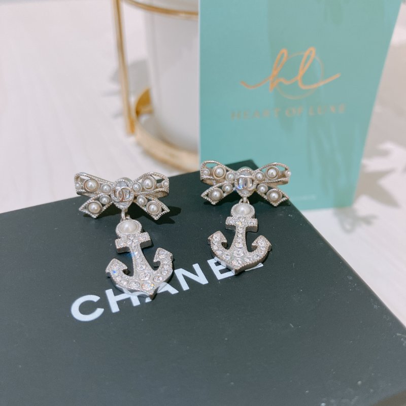 TK2047 Chanel 香奈兒蝴蝶結雙水昌耳環 Silver-Tone Metal Bow Anchor Dangle Earrings-1