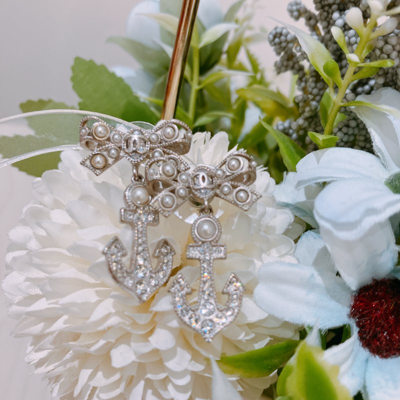 TK2047 Chanel 香奈兒蝴蝶結雙水昌耳環 Silver-Tone Metal Bow Anchor Dangle Earrings-4