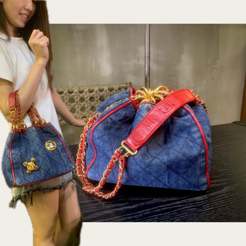 香奈兒極罕紅邊牛仔布雙鏈條肩包 Rare Chanel Vintage Diamond Quilted Denim Bucket bag-0