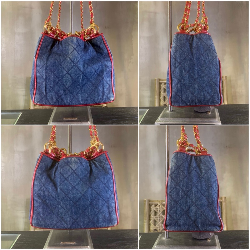 香奈兒極罕紅邊牛仔布雙鏈條肩包 Rare Chanel Vintage Diamond Quilted Denim Bucket bag-1