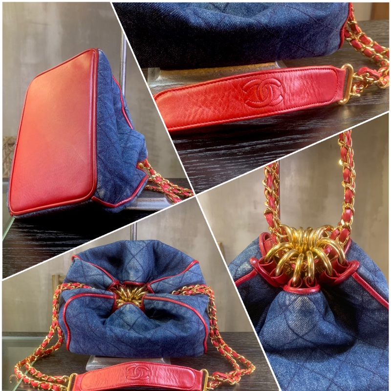 香奈兒極罕紅邊牛仔布雙鏈條肩包 Rare Chanel Vintage Diamond Quilted Denim Bucket bag-2