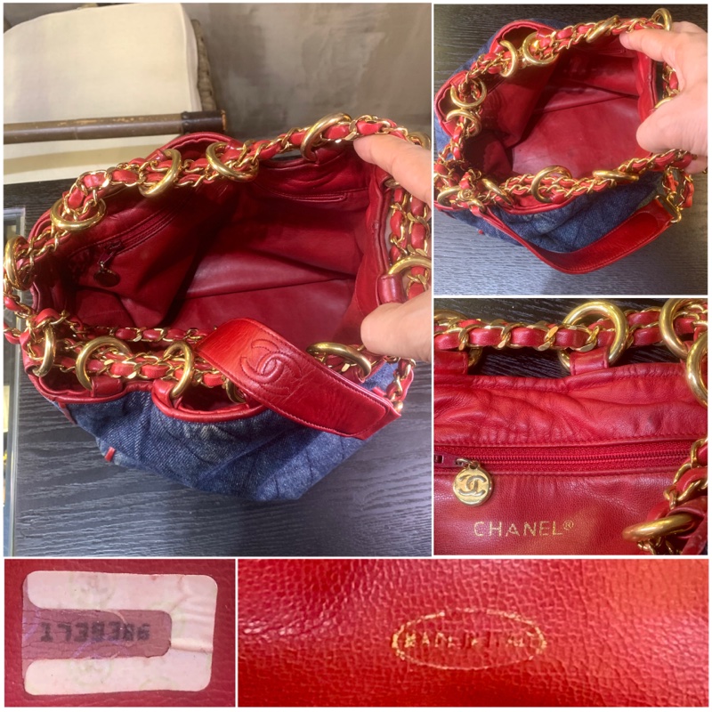 香奈兒極罕紅邊牛仔布雙鏈條肩包 Rare Chanel Vintage Diamond Quilted Denim Bucket bag-3