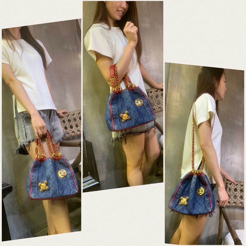 香奈兒極罕紅邊牛仔布雙鏈條肩包 Rare Chanel Vintage Diamond Quilted Denim Bucket bag-5