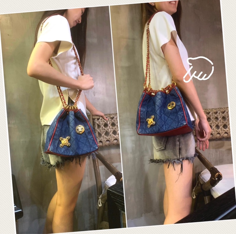 香奈兒極罕紅邊牛仔布雙鏈條肩包 Rare Chanel Vintage Diamond Quilted Denim Bucket bag-6