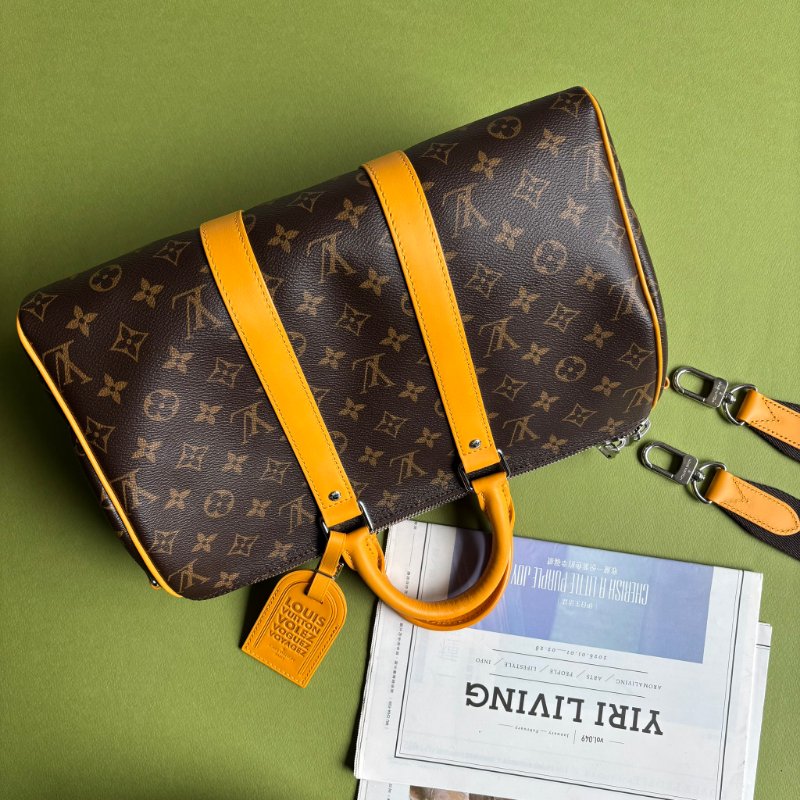 Keppall 35 ::LOUIS VUITTON:: LV M13201 經典花紋黃色皮革銀釦旅行袋手提斜背包-0