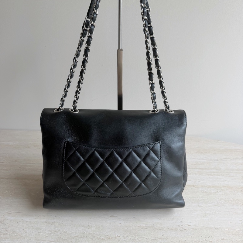 Chanel香奈兒黑銀牛皮風琴口蓋包+21開 底長29cm 無附件-1