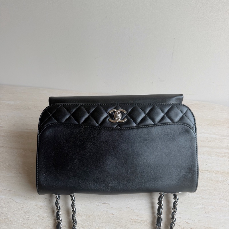 Chanel香奈兒黑銀牛皮風琴口蓋包+21開 底長29cm 無附件-4