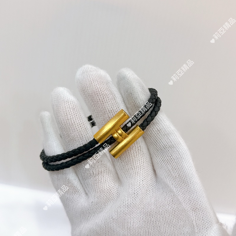 莉亞精品♡ Hermes黑色皮革金釦手環 二手美品-1