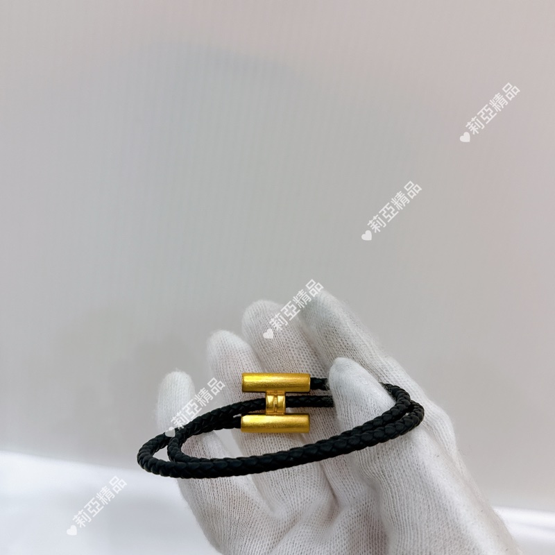 莉亞精品♡ Hermes黑色皮革金釦手環 二手美品-2