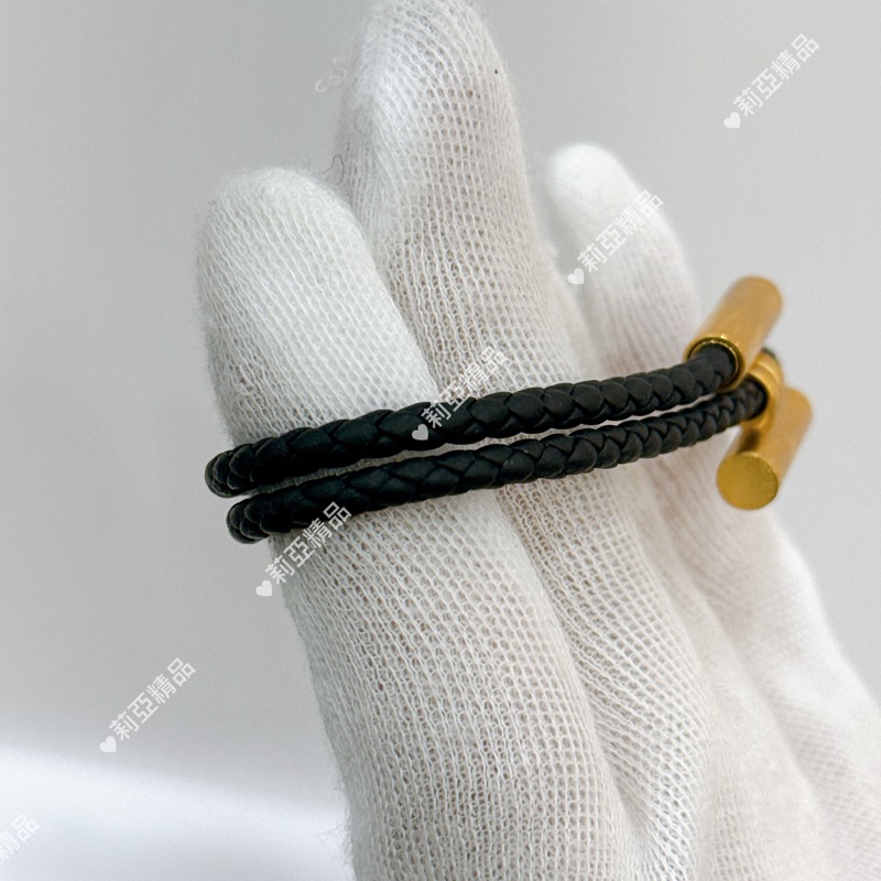 莉亞精品♡ Hermes黑色皮革金釦手環 二手美品-6
