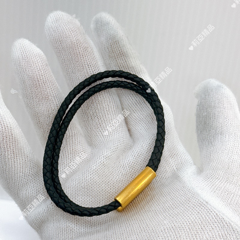 莉亞精品♡ Hermes黑色皮革金釦手環 二手美品-9