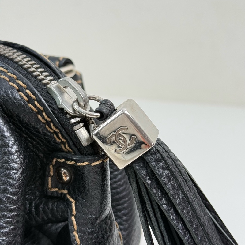 Chanel 迷你波士頓｜黑色荔枝紋 流蘇款 復古手挽袋 銀色五金-7