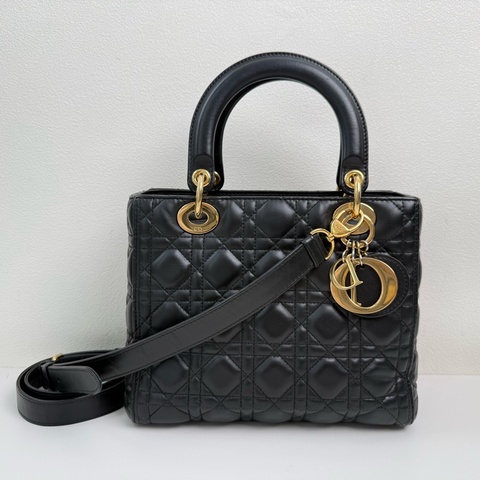 迪奧/DIOR Lady Dior中號 戴妃五格黑色羊皮藤格紋絎縫單肩包斜挎包手提包 可拆卸肩帶