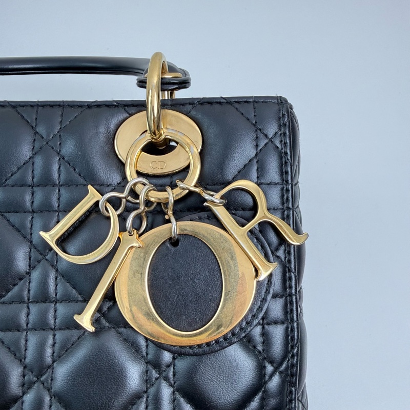 迪奧/DIOR Lady Dior中號 戴妃五格黑色羊皮藤格紋絎縫單肩包斜挎包手提包 可拆卸肩帶-6