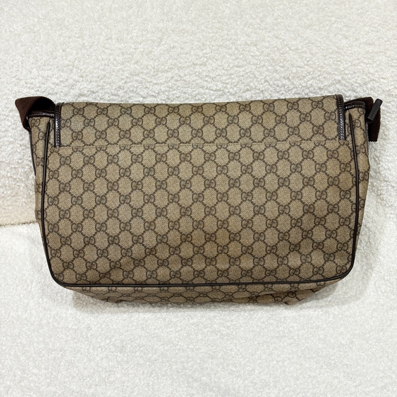 GUCCI古馳 大容量老花Logo徽標 帆布拼皮 郵差包單肩斜挎包 男女同款情侶款 烏木色拼深棕色 尺寸：37x9x23 無配件：單品-1