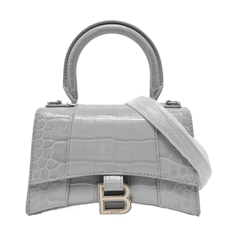 BALENCIAGA Hourglass 超小號 藍灰色牛皮鰐魚紋沙漏包手挽袋