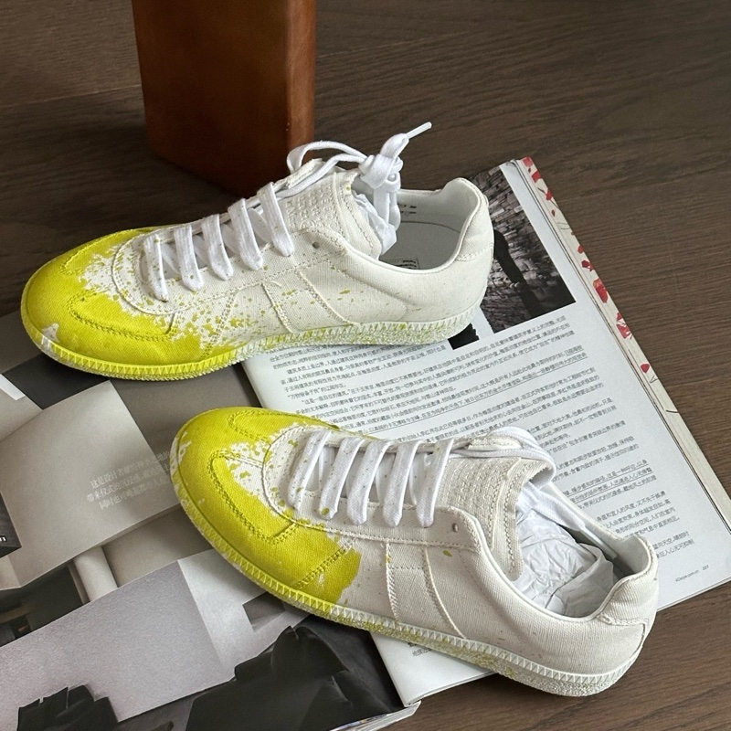 全新MaisonMargiela 馬吉拉經典款黃色潑墨塗鴉帆布德訓鞋，尺寸:36碼，配件:盒子-1