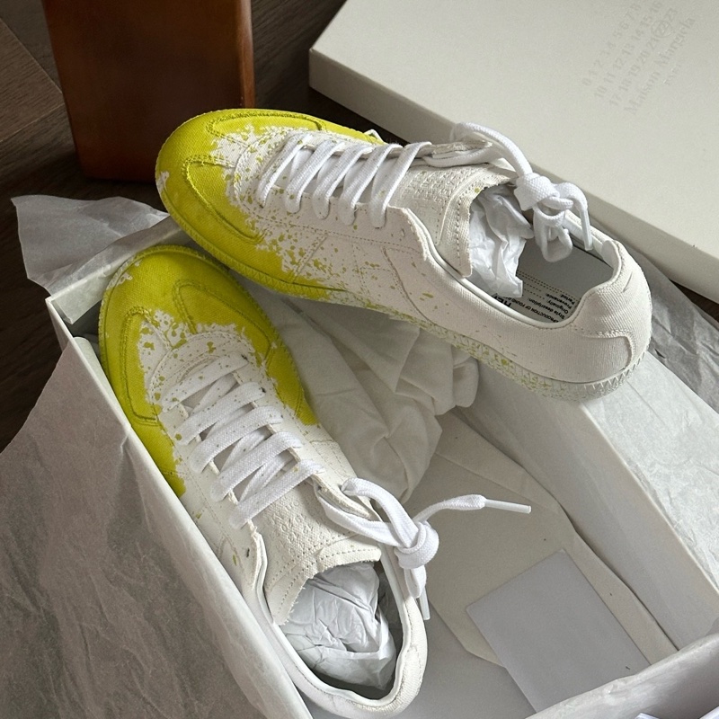 全新MaisonMargiela 馬吉拉經典款黃色潑墨塗鴉帆布德訓鞋，尺寸:36碼，配件:盒子-4