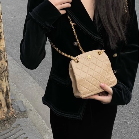 【小可愛系列🥰奶茶配色🧋】Chanel 香奈兒 奶茶色金扣vintage 中古包 鏈條包